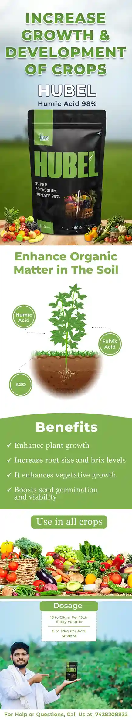 HUBEL - Humic Acid 98% Potassium Humate, Suitable for All Crops, Enhances Root M