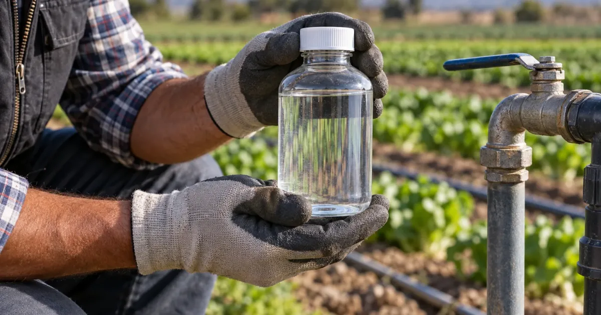 Irrigation water testing sample bottle held by a farmer beside an irrigation tap